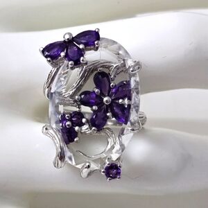 Elegant Sterling Silver 925 Peek-a-boo Purple Floral Ring